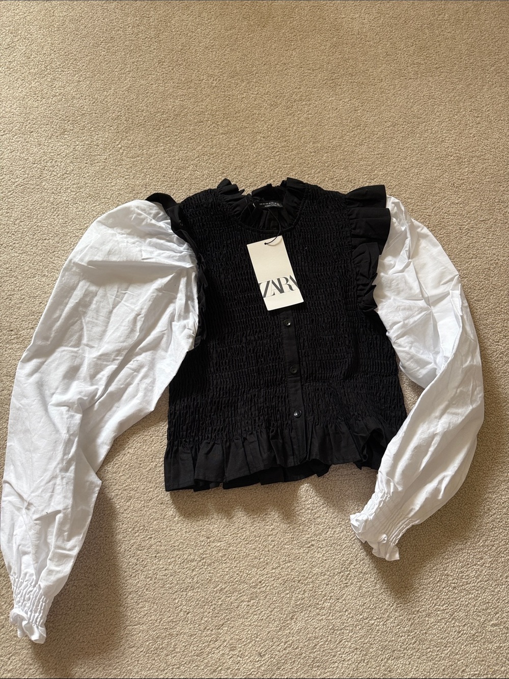 Zara Black Smocked Vest with White Puff Long Sleeves